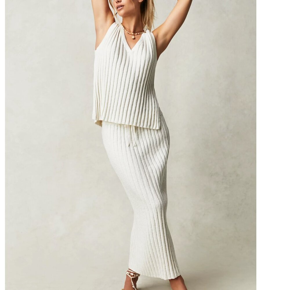 Free People Cream Ribbed Knit Halter Top and Skirt Set
